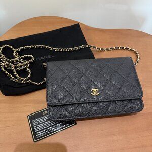 Chanel Caviar Wallet on Chain Black Gold Tone Hardware